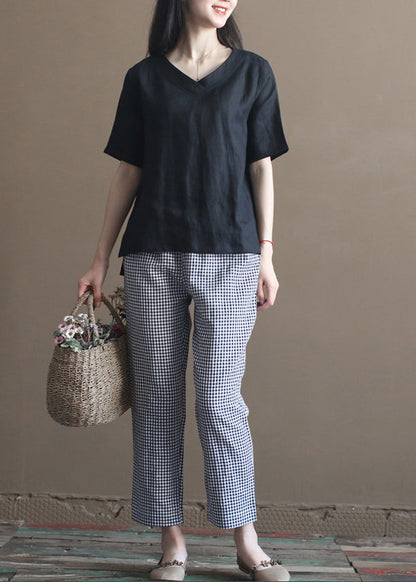 French Black V Neck Side Open Linen Tank Tops Half Sleeve