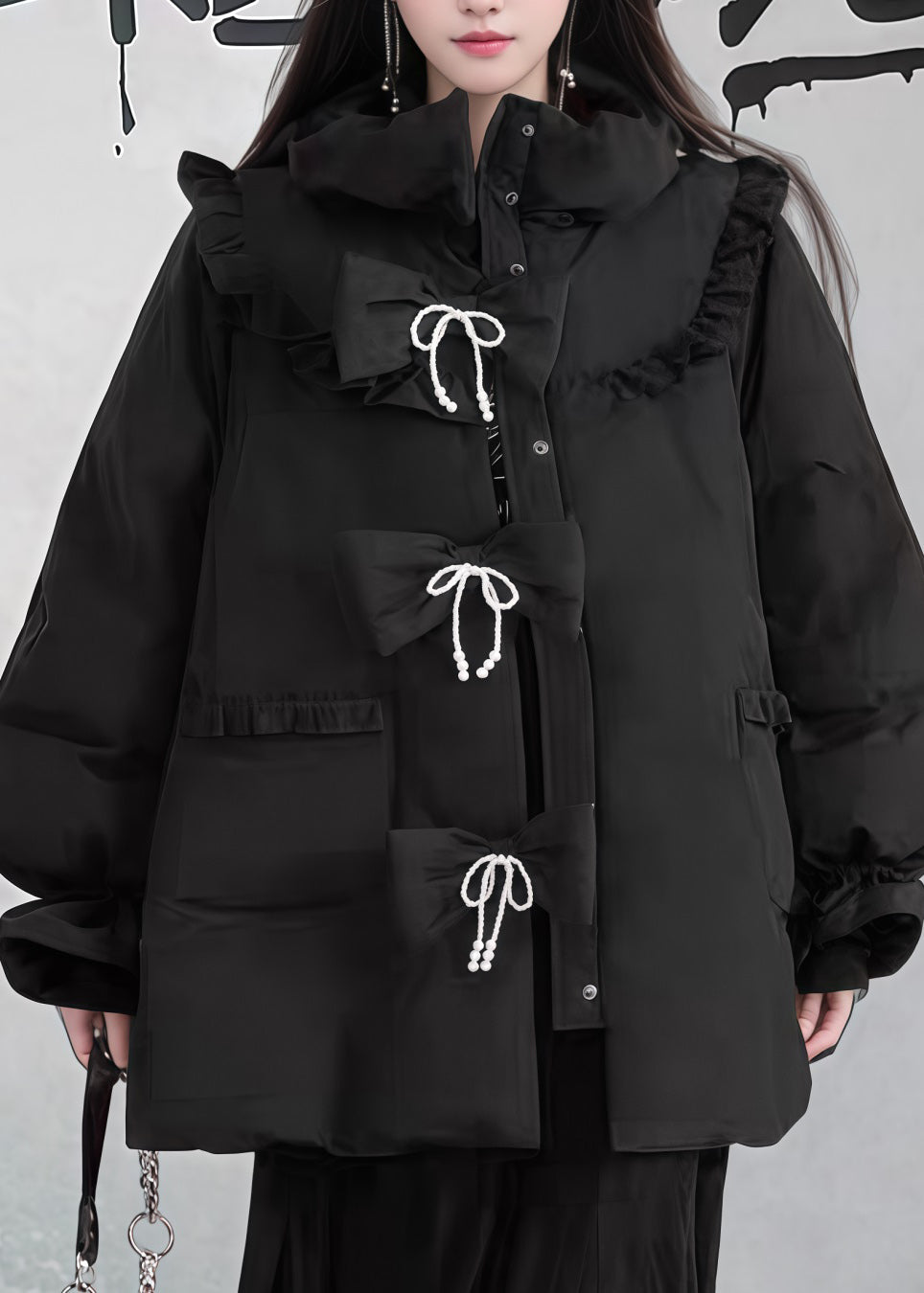 Black Ruffled Pockets Patchwork Fine Cotton Filled Puffers Jackets Winter