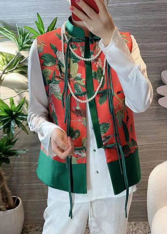 Retro Red Stand Collar Tasseled Embroideried Silk Vest Sleeveless