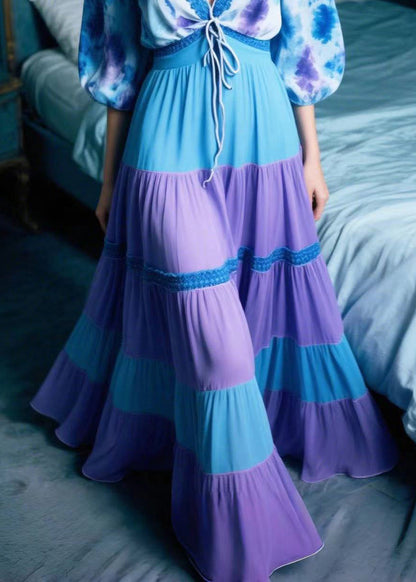 Purple Print Patchwork Chiffon Long Dresses Summer