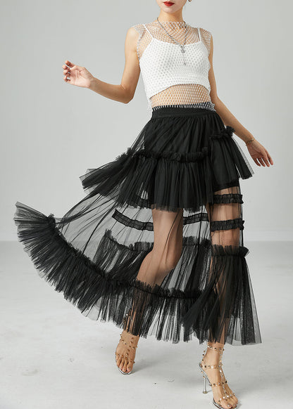 Black Patchwork Tulle a Line Skirts Wrinkled Exra Large Hem Summer