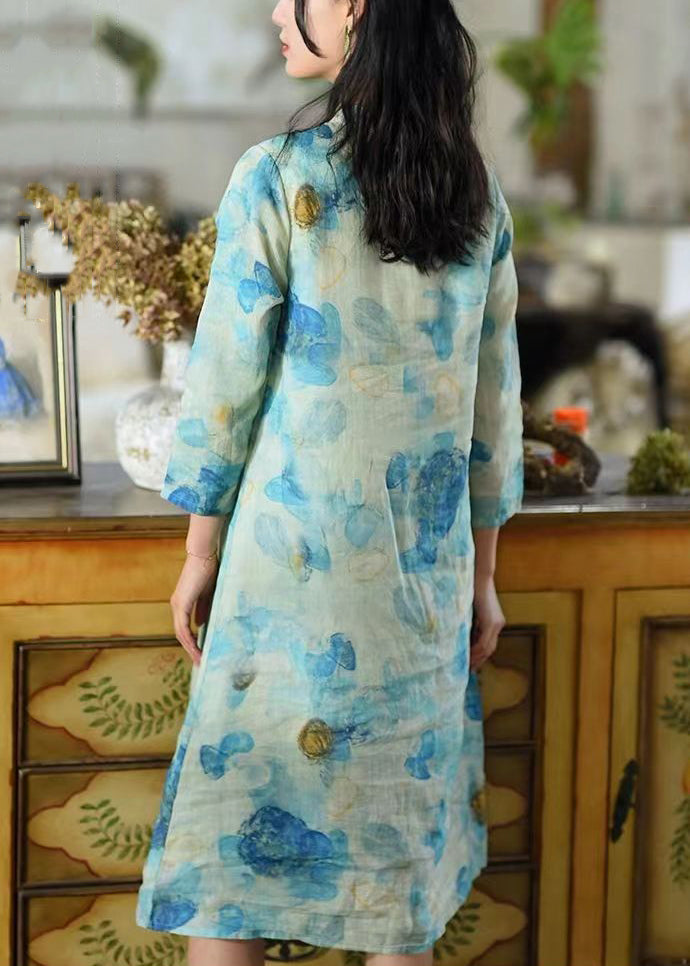 Blue Print Button Patchwork Linen Dress Bracelet Sleeve