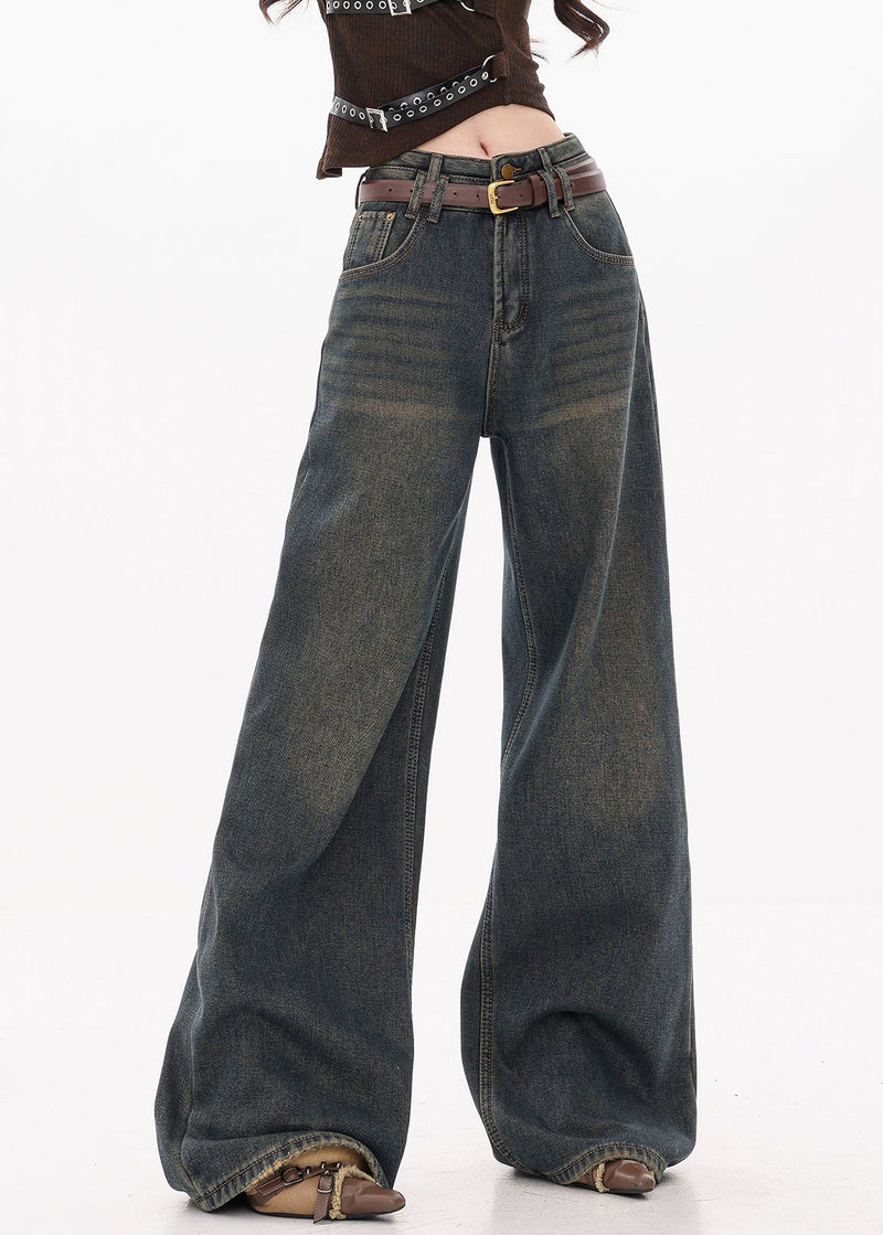 Retro Dark Blue Pockets High Waist Denim Wide Leg Pants Fall