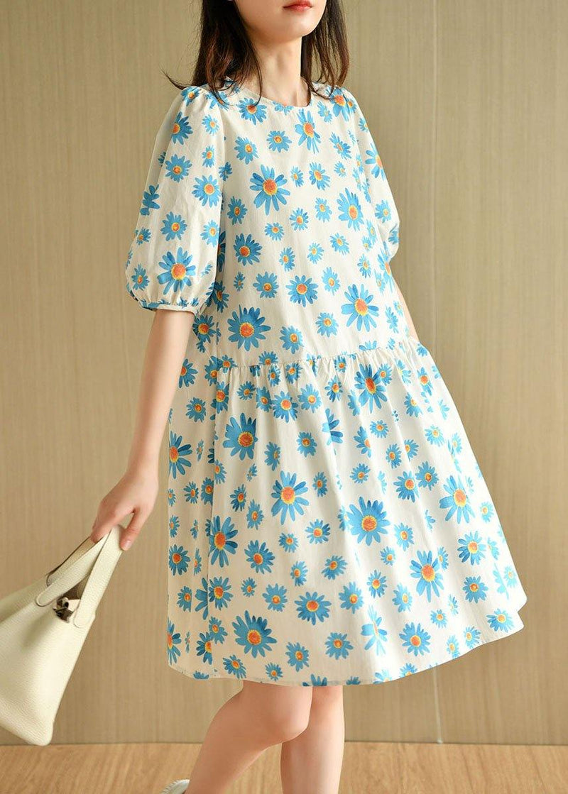 Blue O-neck Print Summer Cotton Half Sleeve Dresses