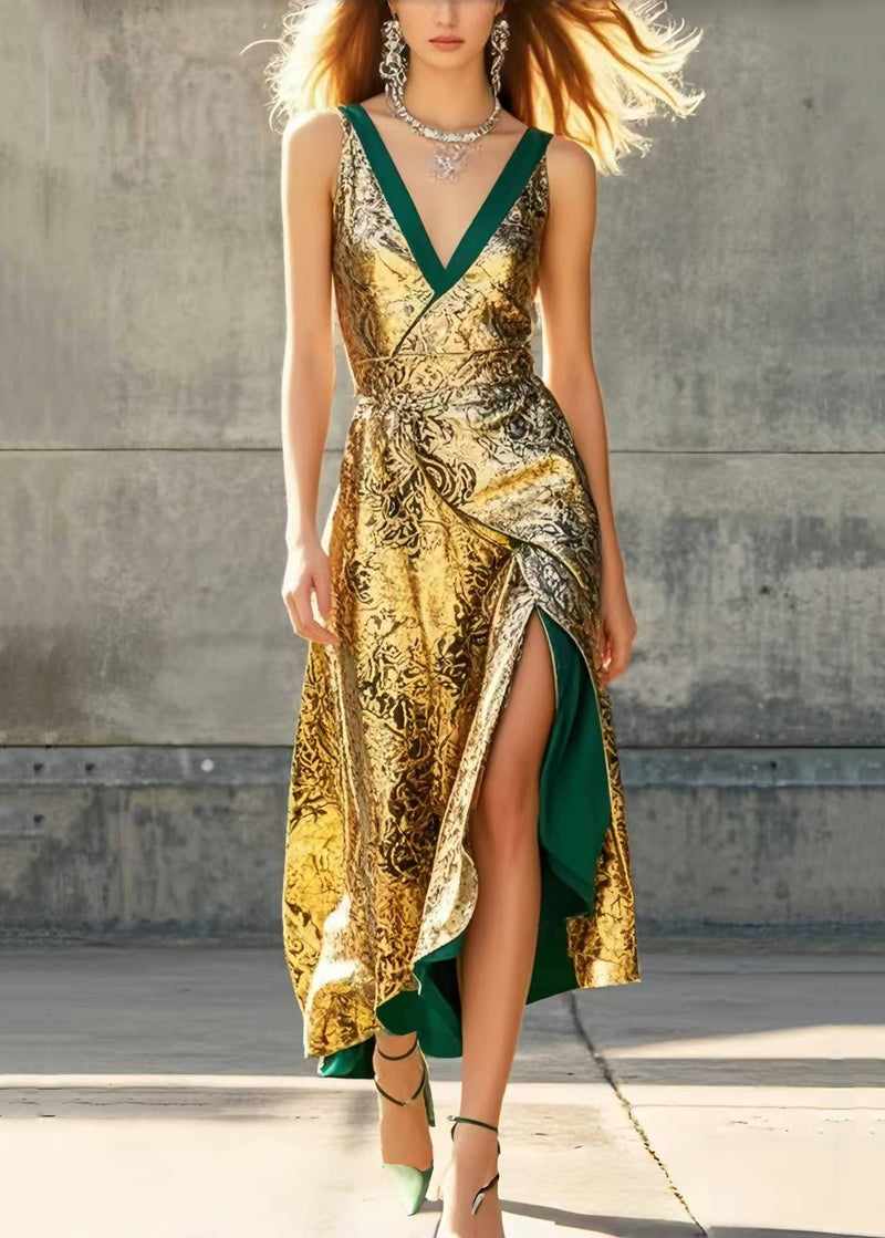 Golden Jacquard Side Open Party Dresses Sleeveless