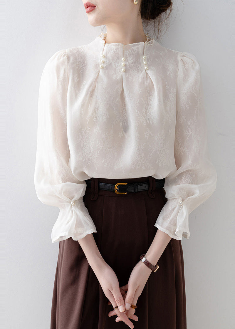 Fitted White Jacquard Nail Bead Chiffon Top Winter