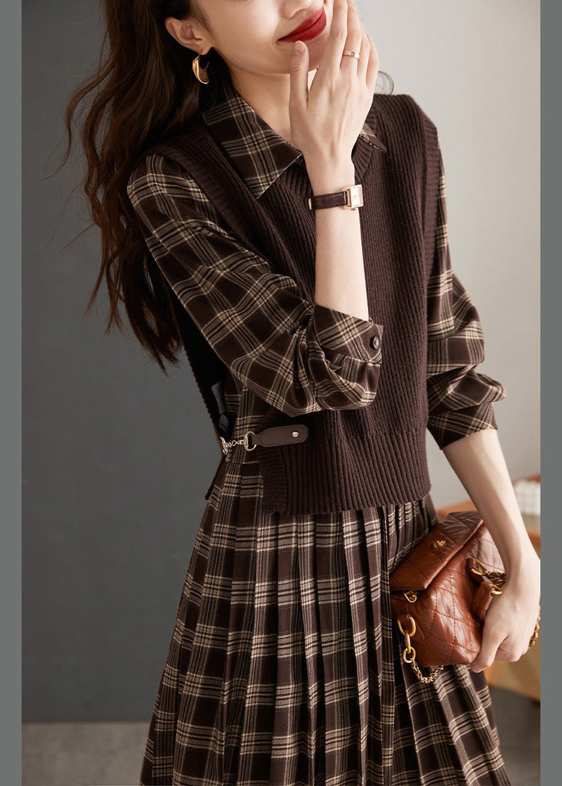 Peter Pan Collar Plaid Knit Waistcoat and Mid Dresstwo Pieces Set Spring