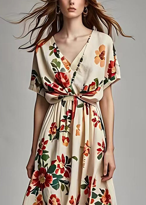 Beige V Neck Print Cotton Long Dress Summer