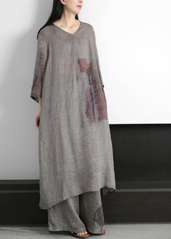 Grey V Neck Print Side Open Linen Dress and Wide Leg Pant Two Pieces Set Summer