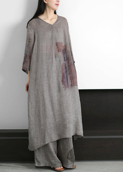 Grey V Neck Print Side Open Linen Dress and Wide Leg Pant Two Pieces Set Summer