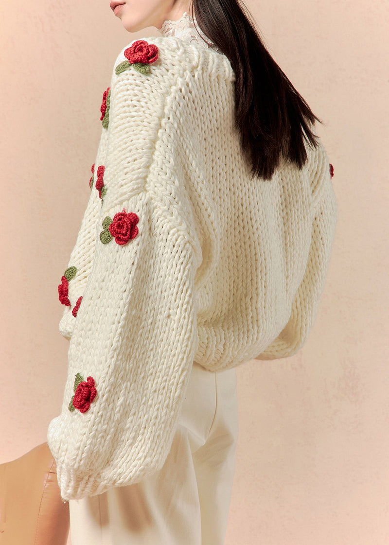 White V Neck Hollow Out Cotton Knit Cardigans Spring
