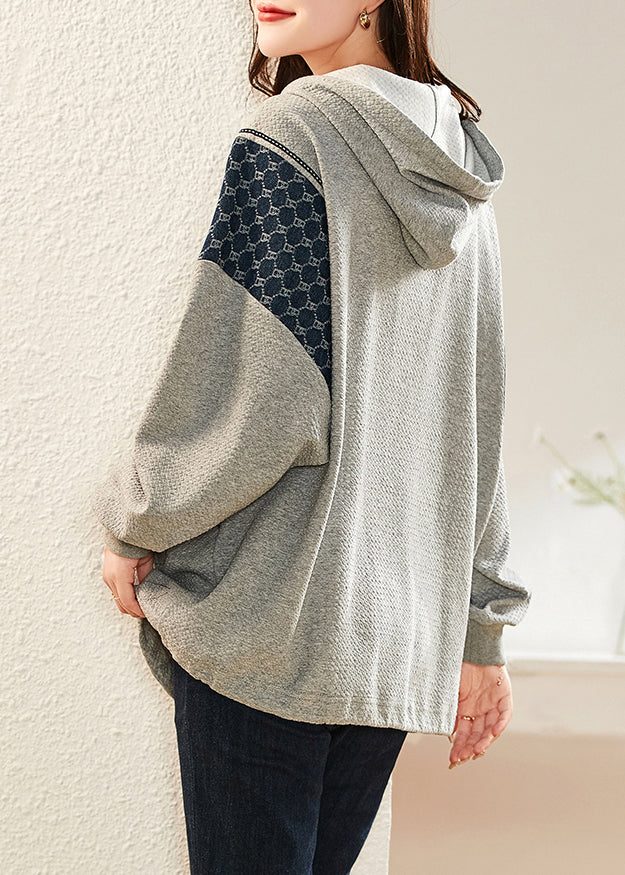 Grey Zip Up Hooded Patchwork Cotton Top Fall