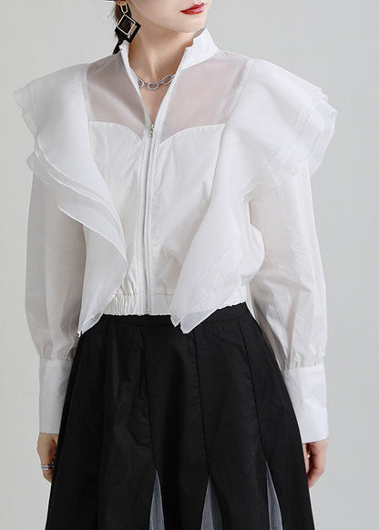 White Ruffles Zippered Patchwork Tulle Fall Long Sleeve Coat