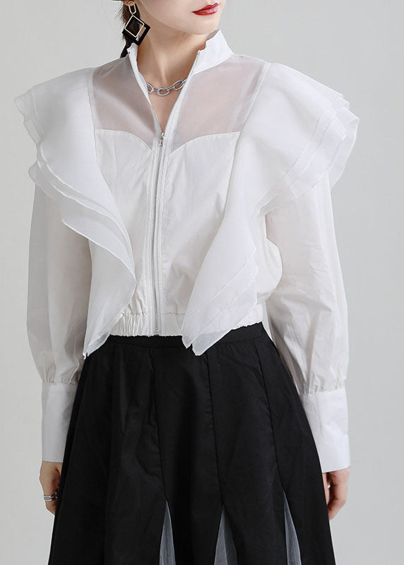 White Ruffles Zippered Patchwork Tulle Fall Long Sleeve Coat