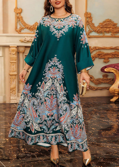 Green O-neck Print Cotton Long Dress Fall