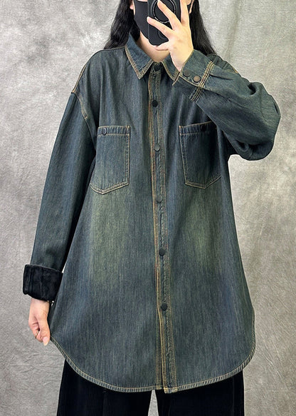 Original New Grey Blue Denim Shirt Top Spring