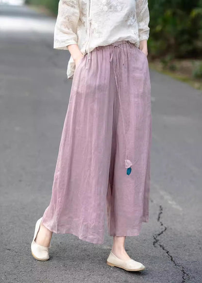 Beige High Waist Elastic Waist Linen Pants Summer