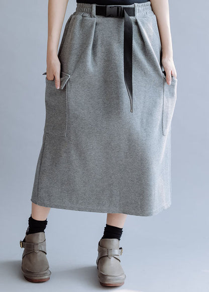 Modern Grey Elastic Waist Pockets Cotton Skirt Fall