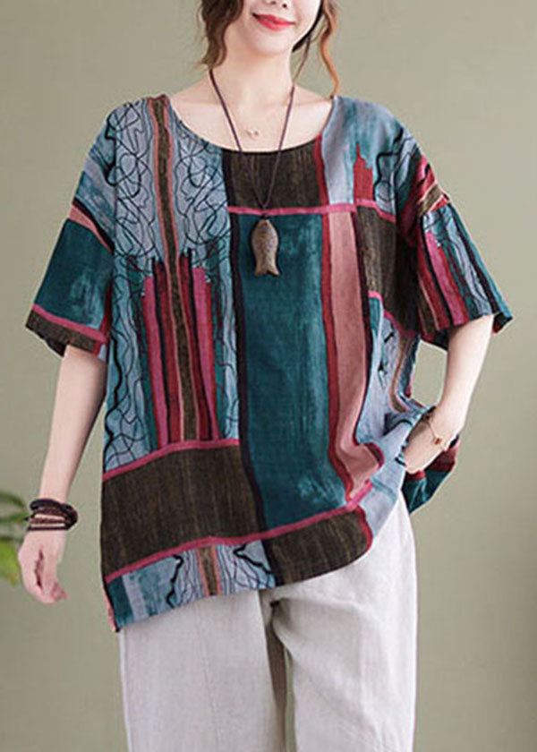 Blackish Green O-neck Print Cotton Tops Short Sleeve