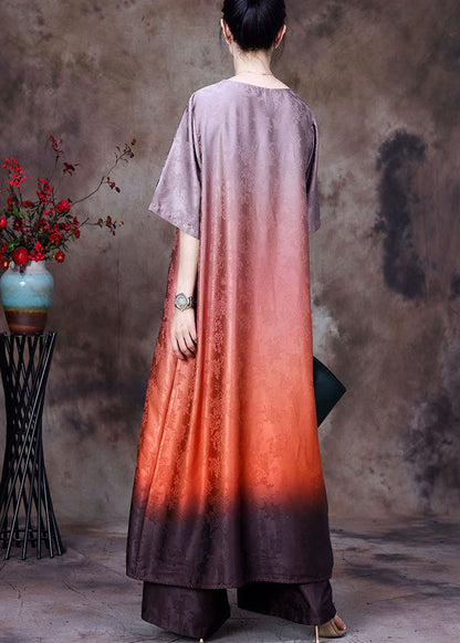 Orange Gradient Color Asymmetrical Design Jacquard Silk Two Piece Set Summer
