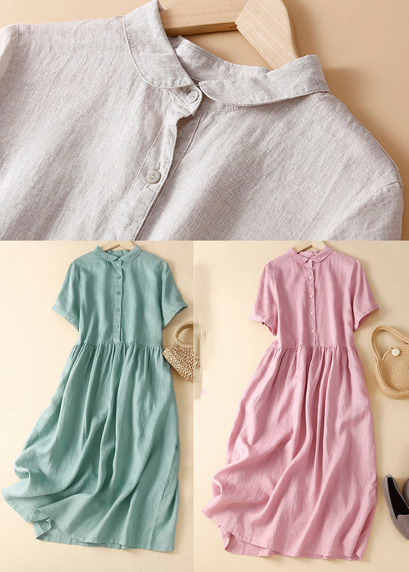 Boutique Green Turn-down Collar Button Linen Vacation Dresses Short Sleeve