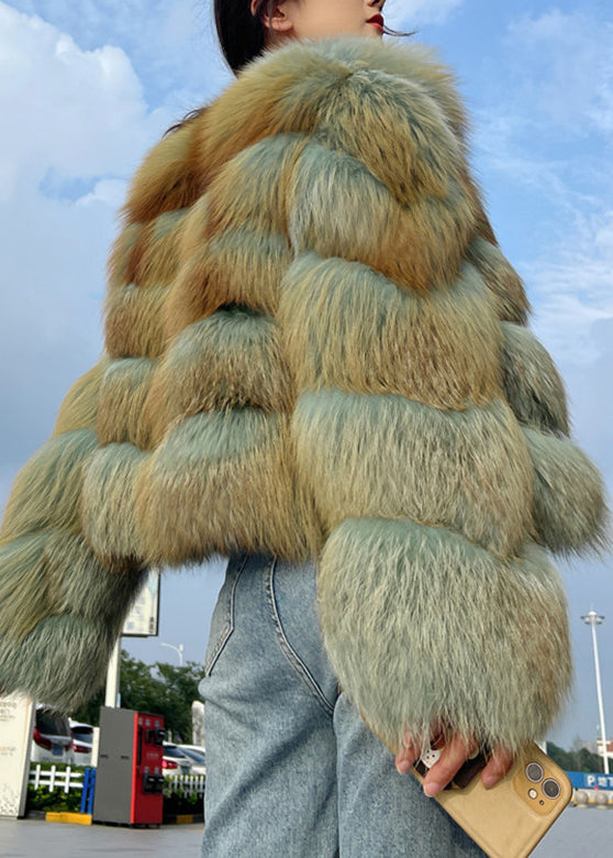 Green Patchwork Leather and Fur Coat Long Sleeve