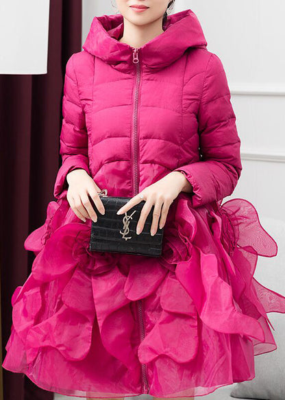 Italian Rose Hooded Pockets Patchwork Duck Down Winter Coats