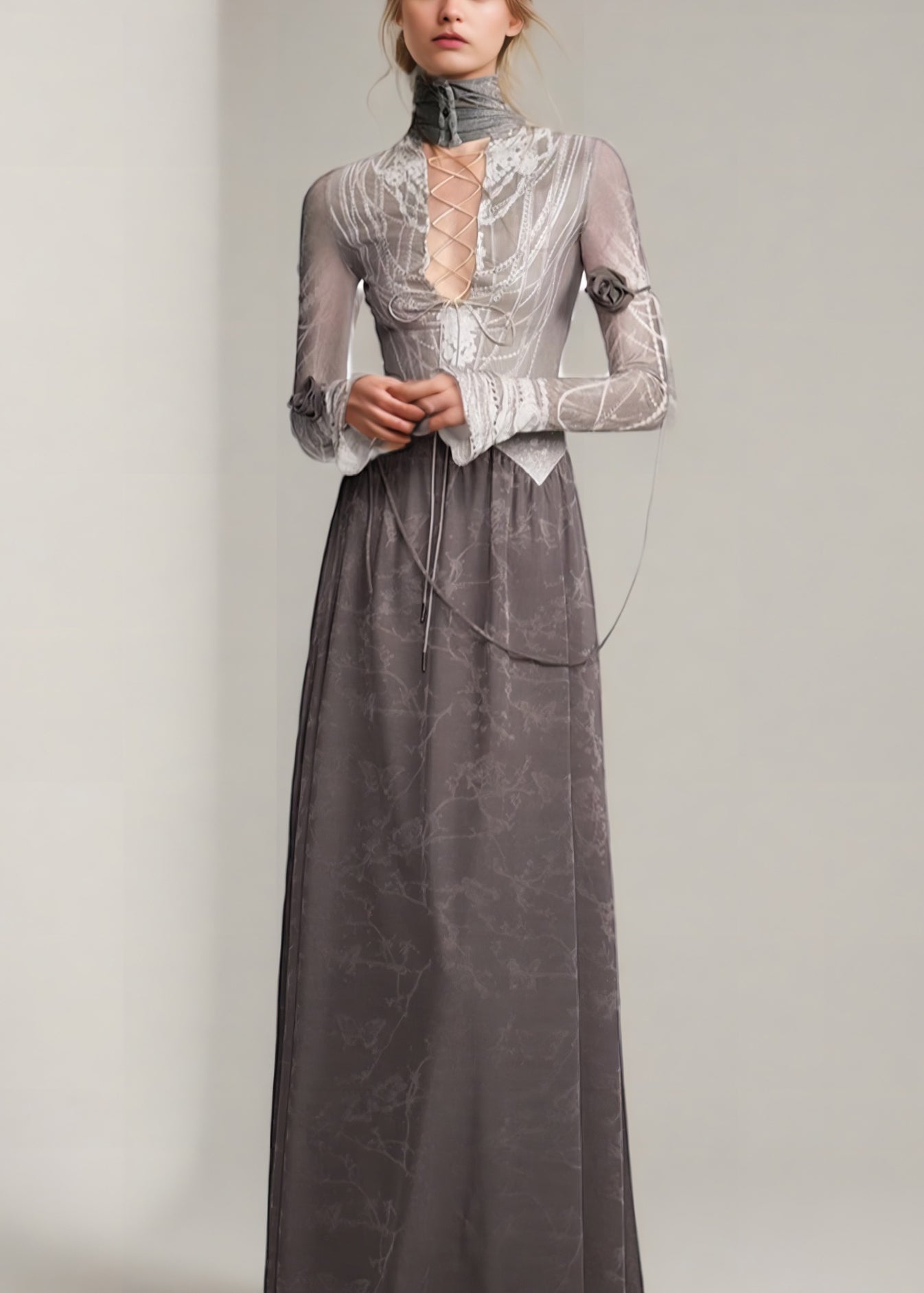 Italian Grey Lace Up Wear on Both Sides Patchwork Cotton Long Dress Fall
