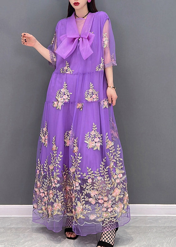 Diy Purple Peter Pan Collar Embroideried Lace Patchwork Tulle Holiday Dress Three Quarter Sleeve