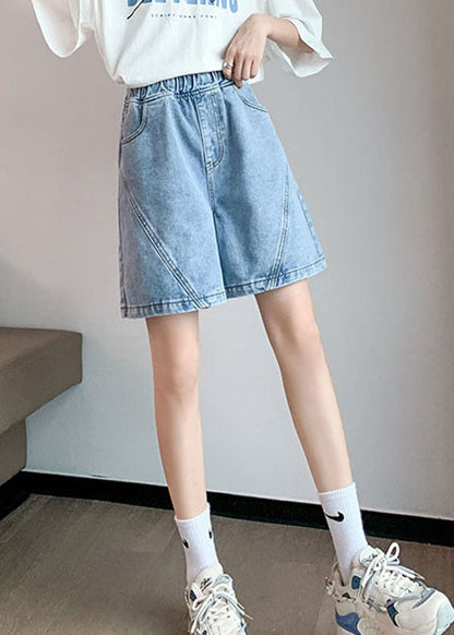 Light Blue Elastic Waist Patchwork Cotton Denim Short Pants Summer