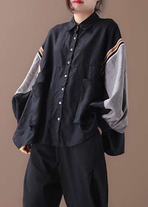 Black Button Pockets Patchwork Cotton Shirt Batwing Sleeve