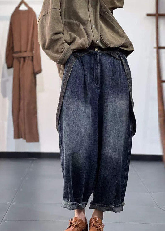 Diy Denim Blue Elastic Waist Pockets Cotton Harem Pants Spring