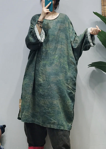 Loose Green O-neck Side Open Linen Dresses Caftan Long Sleeve