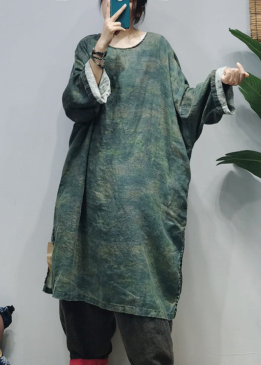 Loose Green O-neck Side Open Linen Dresses Caftan Long Sleeve
