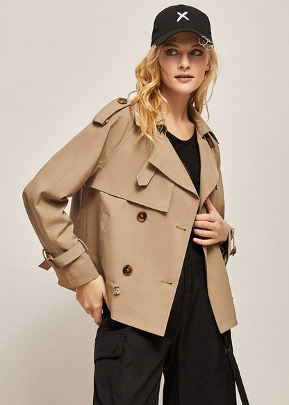 Khaki Peter Pan Collar Double Breast Cotton Short Coat Fall