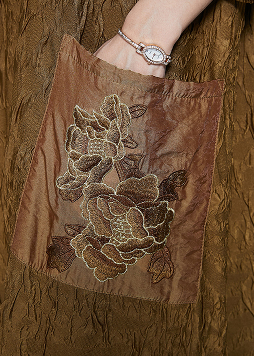 Fine Yellow Embroideried Wrinkled Silk Long Dress Fall