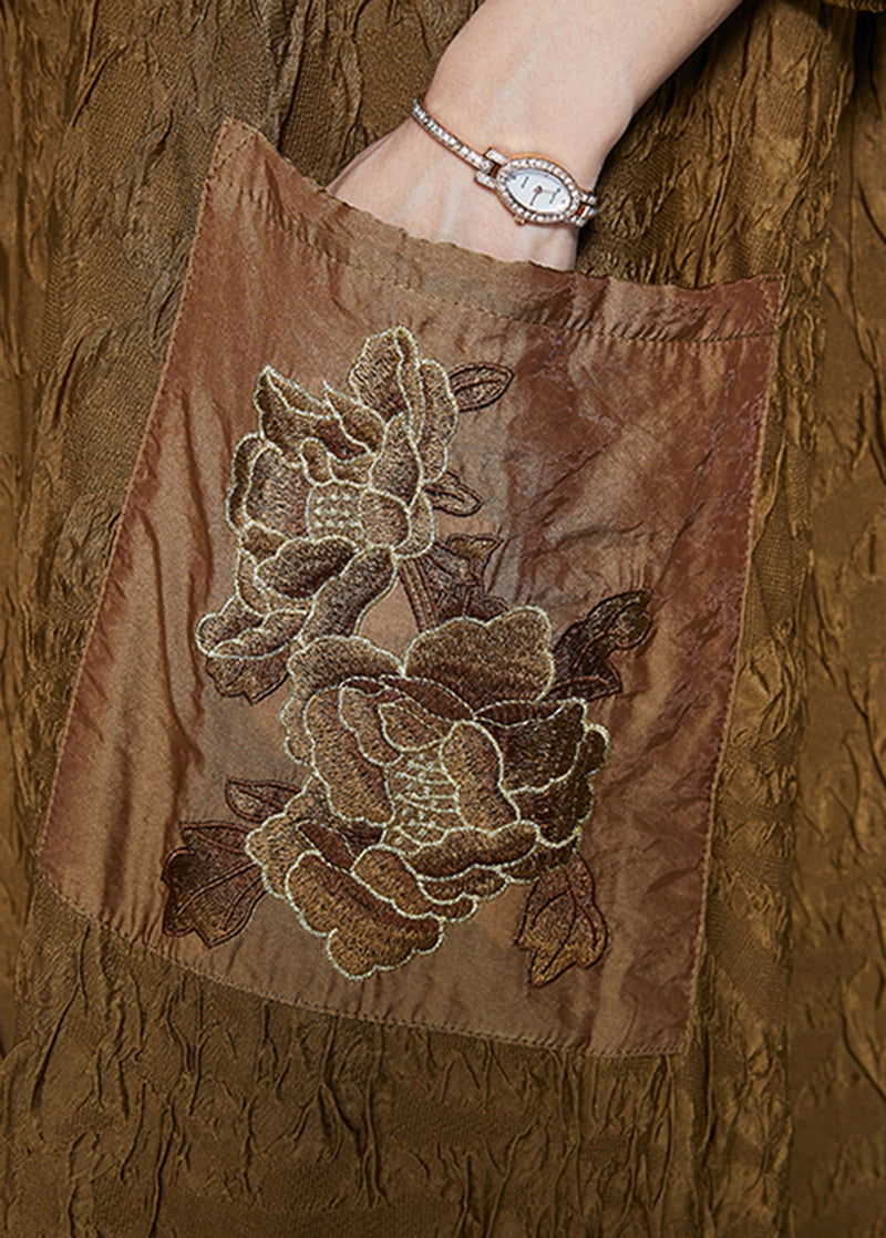 Fine Yellow Embroideried Wrinkled Silk Long Dress Fall