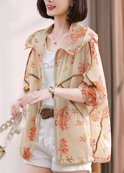 Beige Print Pockets Hoodie Upf 50+ Coat Jacket Spring