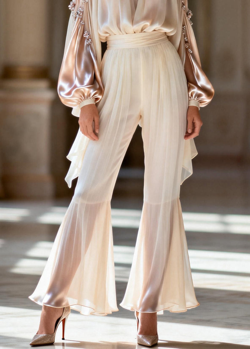 Unique Hign Neck Zircon Wrinkled Silk Two Piece Set Spring