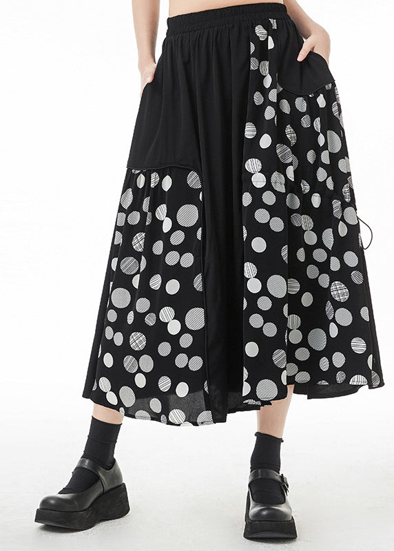 Style Black Asymmetrical Drawstring Pockets Dot Print a Line Skirt Summer