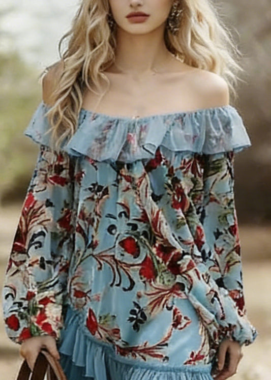 Blue Slash Neck Print Wrinkled Patchwork Mid Dress Spring