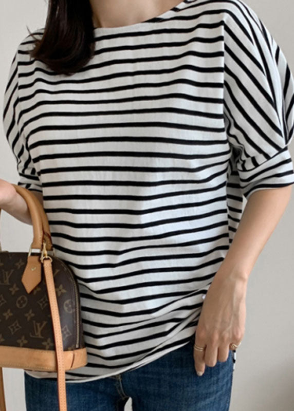 Diy Grey Striped O Neck Cotton T Shirt Tops Puff Sleeve