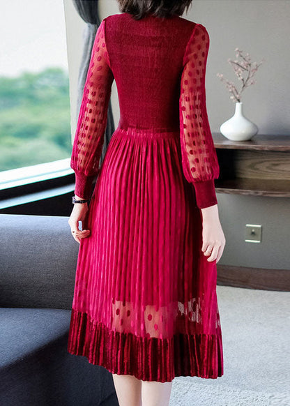 Red Slim Fit Tulle Pleated Dresses O-neck Exra Large Hem Spring