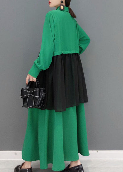Green Button Peter Pan Collar Lace Patchwork Shirt Dress Spring