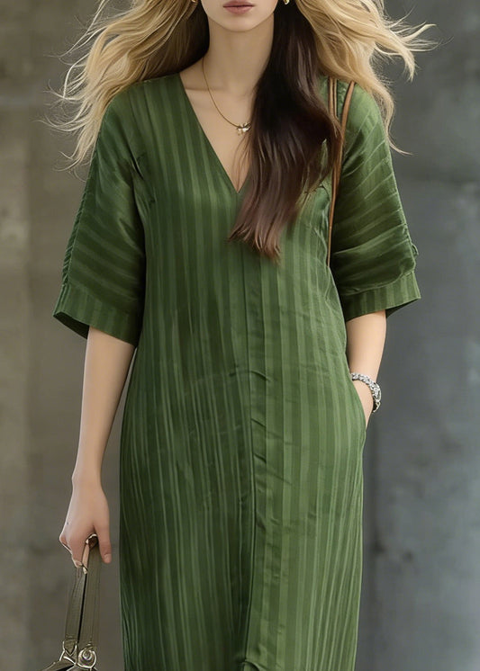 Striped Green Pockets Front Open Linen Long Dress Summer