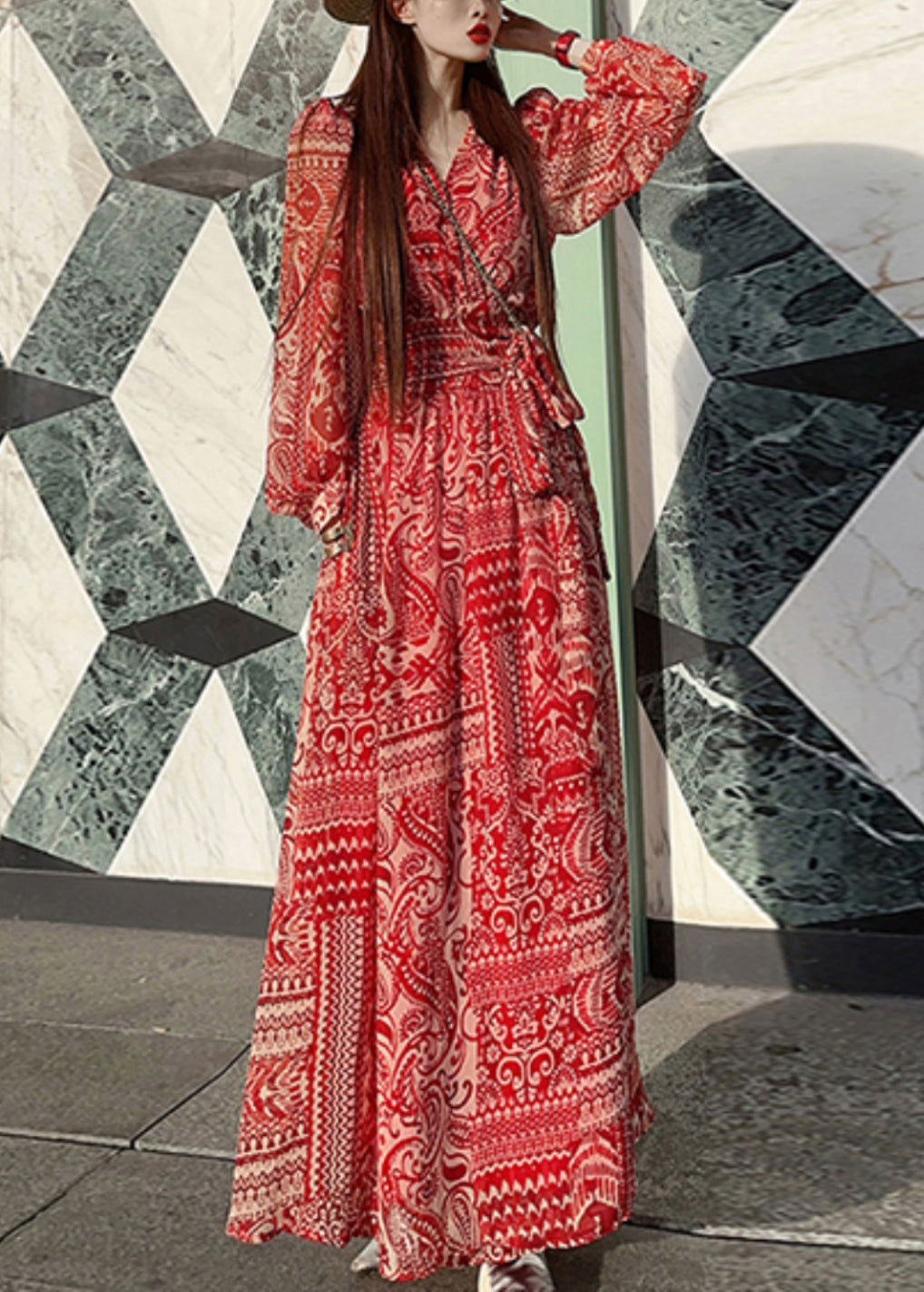 Red Print Tie Waist Vacation Long Dresses Spring