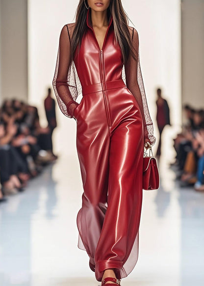 Red Zip Up Tulle Patchwork Faux Leather Jumpsuit Summer