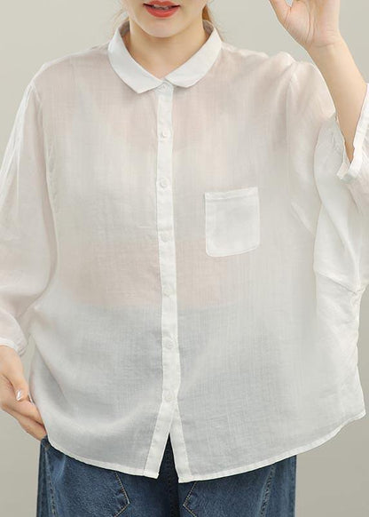Boutique Orange Batwing Sleeve Peter Pan Collar Linen Blouse Tops Summer