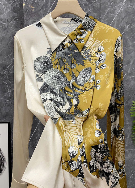 Beige Peter Pan Collar Asymmetrical Print Silk Blouse Tops Spring