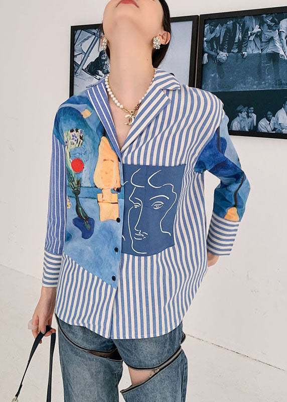Blue Peter Pan Collar Striped Print Cotton Shirts Spring